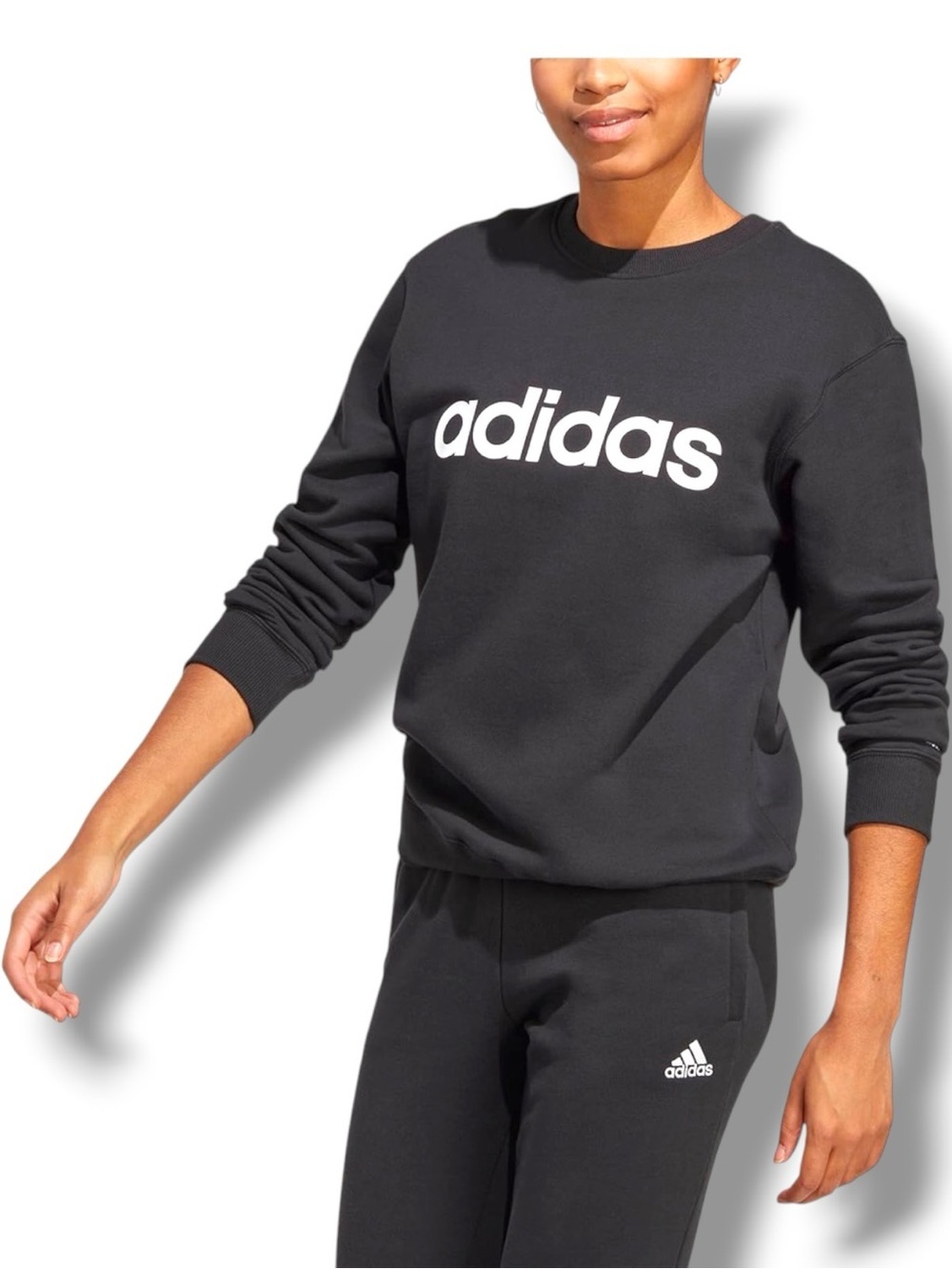 adidas Black Crewneck with White Logo Long Sleeve Lightweight Cotton Sweatshirt